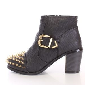 Black Spike Studed Ankle Booties Faux Croc
